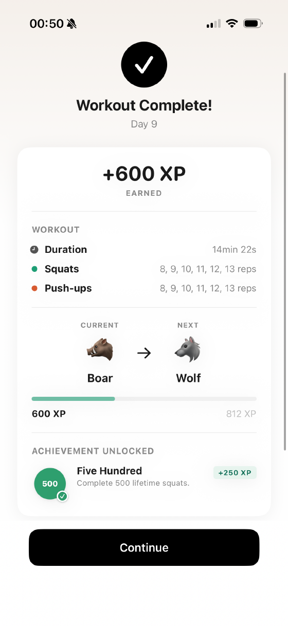 Workout complete screen showing XP earned and the next rank
